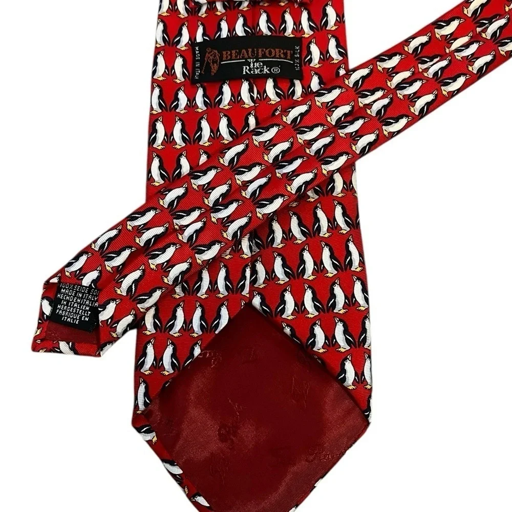 Beaufort | Tie Rack Red Penguin Print 100% Silk Vintage Tie, Italy, 3.75”